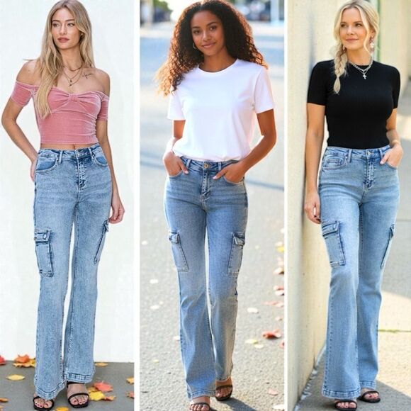 RISEN Retro Cargo High-Rise Slim Flare Tapered Acid Wash Denim Jeans Utility Pan - Picture 2 of 10